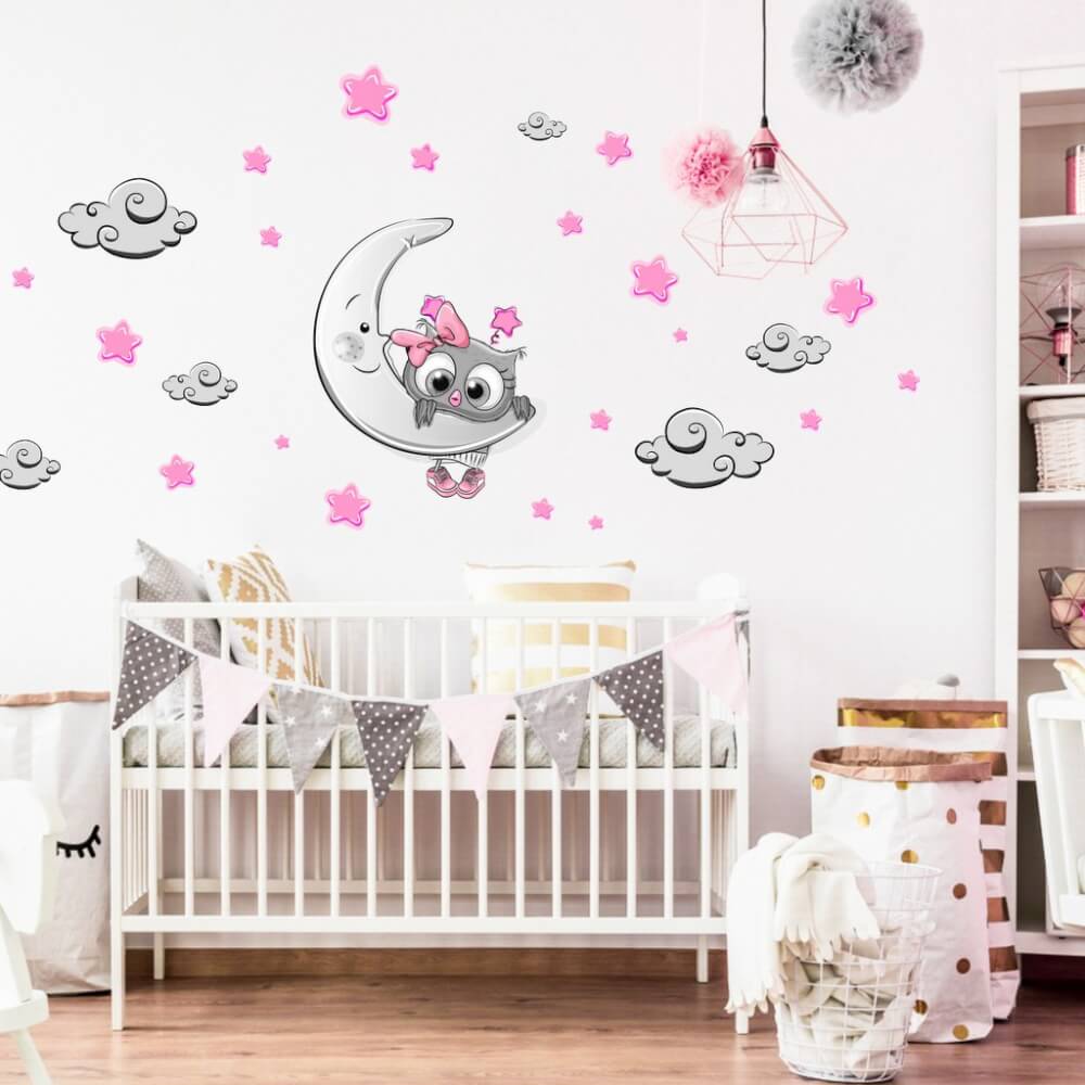 Nalepka za otroško sobo – Roza-siva sova