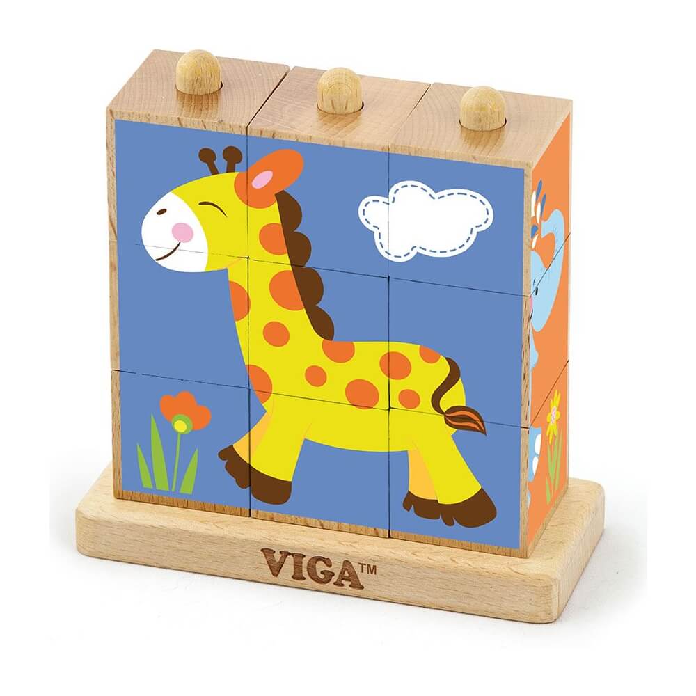 Lesene puzzle kocke na stojalu Zoo